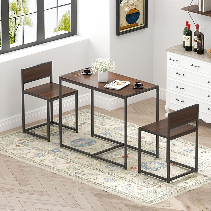 soges 3 Piece Dining Set for 2, Small Dining Table Set with 2 Chairs, Walnut Kitchen Table for Small Spaces, Breakfast Nook Set, Compact Apartment Dining Room Table