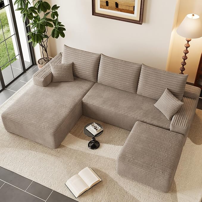 95" U-Shape Cloud Couch, Modern Modular Sectional L-Shape Sofa with Ottoman, Corduroy Upholstered Couches Deep Seat Sleeper Chaise Longue for Living Room, No Assembly Required(Camel, Left Facing)
