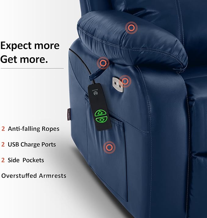 MCombo Small-Wide Power Lift Recliner Chair with Massage and Heat for Petite Elderly People, 3 Positions, 2 Side Pockets, USB Ports, Faux Leather R7410 (Navy Blue, Small-Wide)