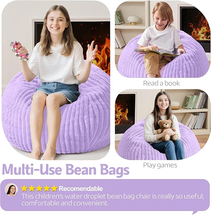 Homguava 2FT Bean Bag Chair, 2' Small Bean Bags with Memory Foam Filled, Beanbag Chairs with Machine Washable Cover Dutch Corded Plush Cover for Classroom,Living Room,Bedroom-Purple