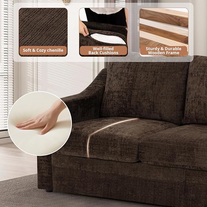ACMEASE 2 Pieces Chenille Sofa Sets w/Comfortable Back Cushions, Modern Loveseat & Sofa w/Deep Seat Space, Upholstered 2 Seat & 3 Seats Couch Sets w/High Resiliency Foam for Living Room, Office Brown