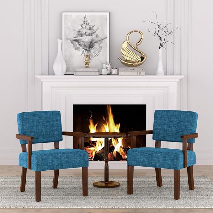 FAGAGA Accent Chair,Armchairs with Solid Wood Frame and Legs,Upholstered Reading Leisure Chair for Bedroom,Office,Waiting Room (Linen, Blue, One Chair)