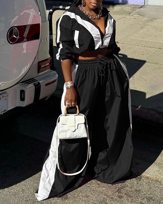 Women Striped 2 Piece Outfits Fall Workout Sets Windbreaker Tracksuit Crop Jacket Wide Leg Pants with Pockets