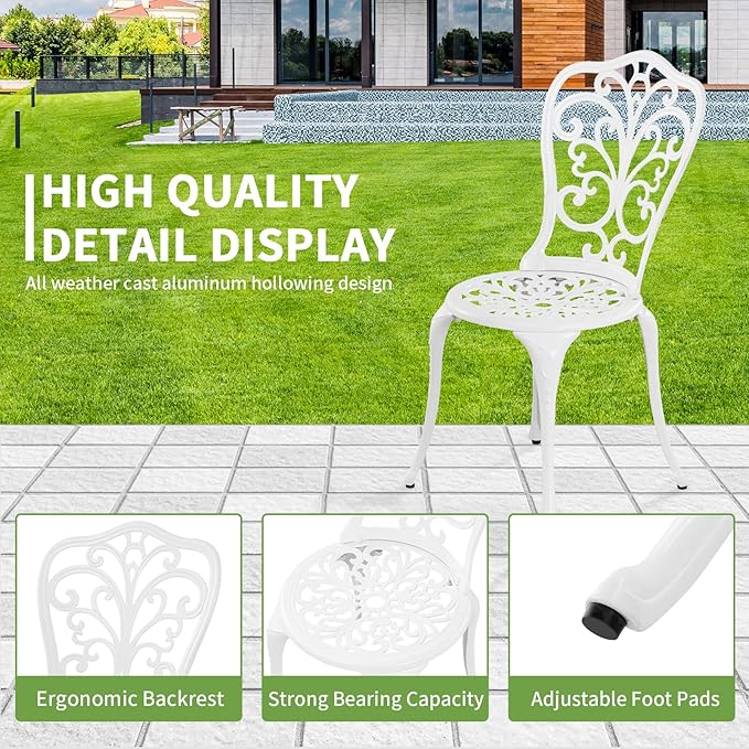 Withniture Bistro Set 3 Piece Outdoor Cast Aluminum Patio Bistro Set with Umbrella Hole, All Weather Bistro Table and Chairs Set, Small Patio Furniture Set for Garden, Porch,White