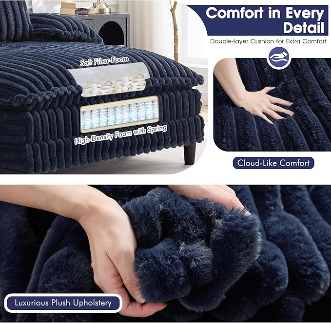 54.8" W Oversized Chaise Lounge Chair Indoor with 5-Position Adjustable Backrest, Plush Sleeper Sofa Bed with Pillows, Upholstered Cloud Couch Chair for Living Room, Study Room, Navy Blue