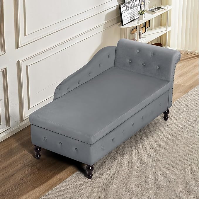 ACMEASE Upholstered Chaise Lounge with Right Armrest & Lumbar Pillow,Button Tufted Lounge Sofa with Storage,Lounge Chair Indoor,Modern Velvet Lounge Chair for Bedroom, Living Room and Office,Grey
