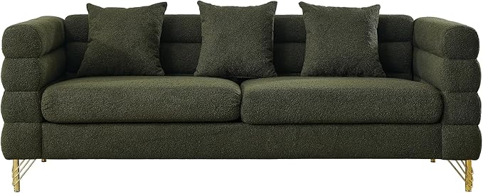 mikibama Modern Teddy Sectional Sofa, 81 Inch Oversized Sofa Couch, Luxury 3 Seater Deep Couch with 3 Pillows and Gold Metal Legs for Living Room, Bedroom, Apartment (Green)