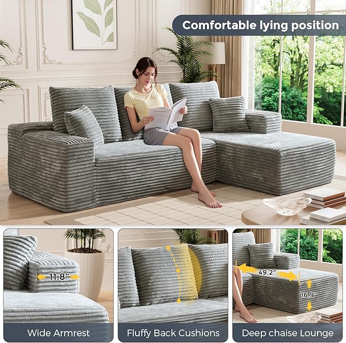 HYJT-H&K Modular Sectional Sofa Cloud Secttional Couch, 107" Comfy L Shaped Couches for Living Room, Deep Seat Memory Foam Fluffy Plush Corduroy Boneless Couch Sectionals Right Facing Sofa Chaise Grey