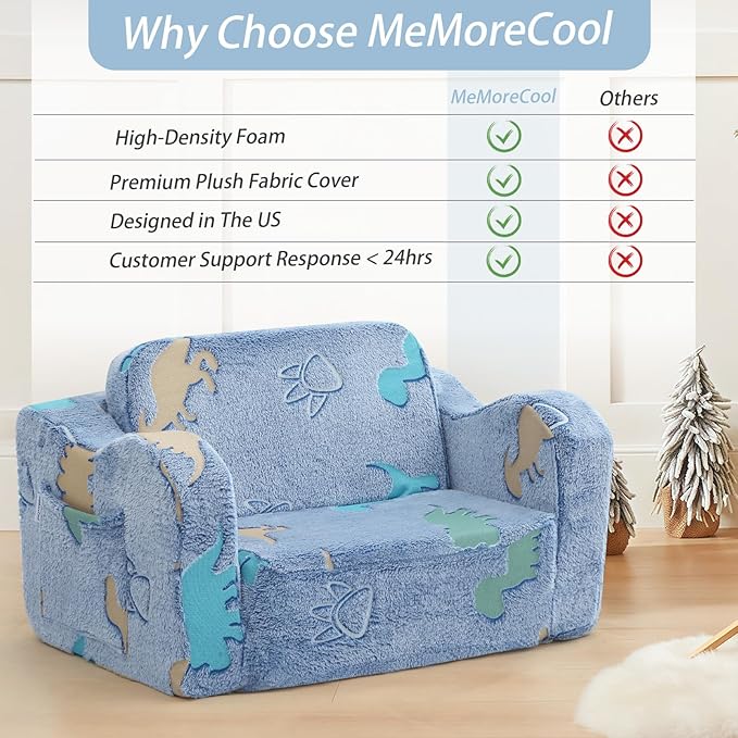 MeMoreCool Toddler Fold‑Out Couch for Ages 1‑3 yrs – Glowing Dinosaur Plush Kids Floor Sofa, Convertible 2‑in‑1 Lounger & Bed with Soft Washable Cover