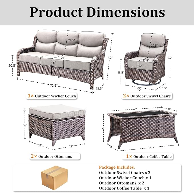 Pugire Luxury High Back Patio Furniture Set with 6-Inch Thick Cushions, 6-Pieces Outdoor Furniture with Swivel Chairs, Wicker Conversation Set for Porch, Balcony, Deck and Yard, Brown/Beige