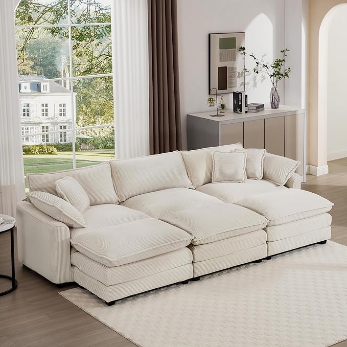 Aoowow Corduroy 3 Seater Sleeper Couch with Ottomans,Large Cloud Couches for Living Room,Tufted Modular Sectional Cloud Sofas Deep Seat,Oversized Chaise Lounge Sofa (Beige, 3 Seater + 3 Ottoman)