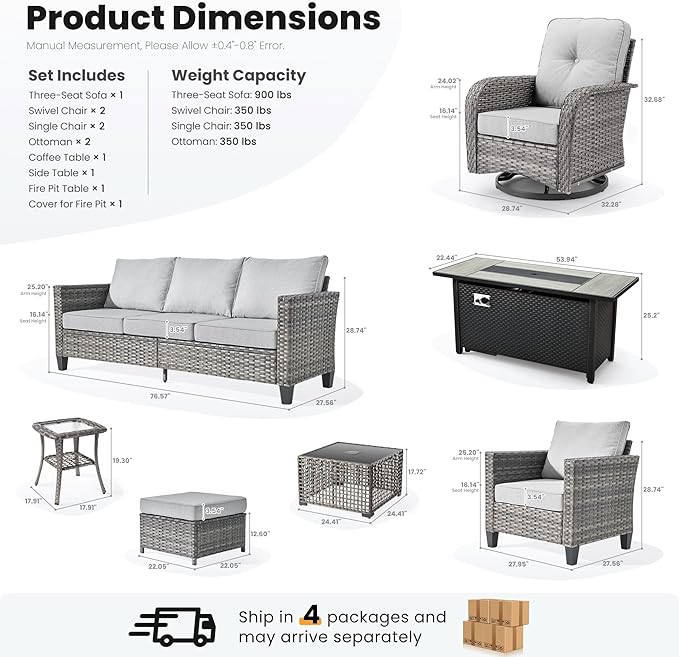 ovios 10 Pieces Patio Furniture Set, Outdoor Wicker Sofa Couch with Rocking Swivel Chairs Solar Light Table Fire Pit, Modern Deep Seat Rattan Conversation Sets, Grey