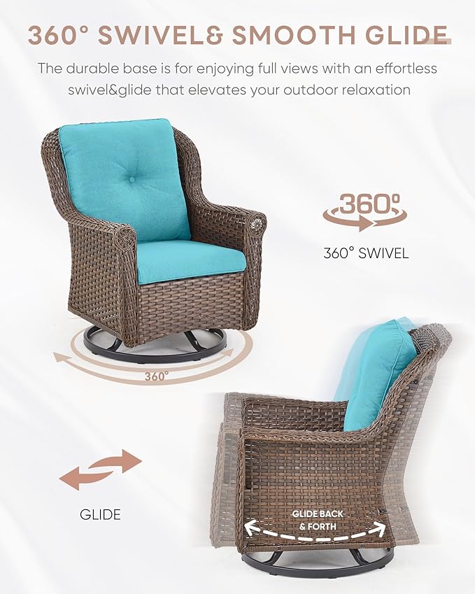 ACTREST Patio Chairs Outdoor Swivel Glider - Set of 2 High Back Outside Brown Wicker Rattan Rocking Chair with Thick Cushion for Porch Apartment Deck Yard Poolside Garden - Turquoise