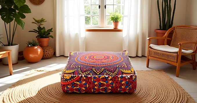 CRAFT KALA Large Hippie Mandala Meditation Floor Ottoman Pillow Cushion Pouf Cover Square Poufs Bohemian Circle Floor Cushion Case Outdoor Fireplace Yoga Living Room Decor Cover New Orange, 16" Square