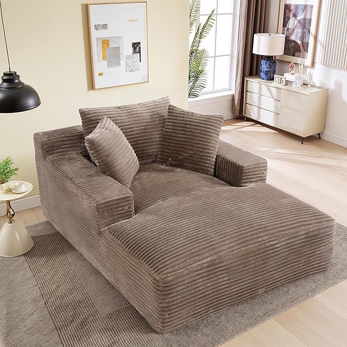 50"W x 68"D Oversized Chaise Lounge Chair Indoor Boneless Reading Chair Plush Corduroy Recliner Large Deep Seat Upholstered Sleeper Comfy Sofa Bed Couch with 3 Pillows for Living Room Bedroom, Camel