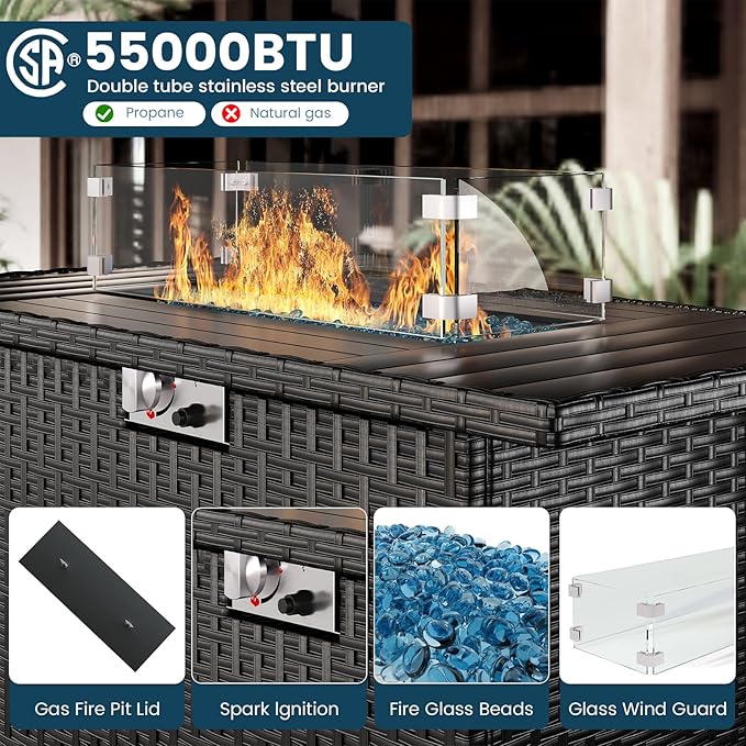 13 Piece Patio Furniture Set with Fire Pit Table, Outdoor Sectional Conversation Sets Black Wicker Rattan Sectional Sofa for Patio Garden Backyard, 4'' Thickened Cushion
