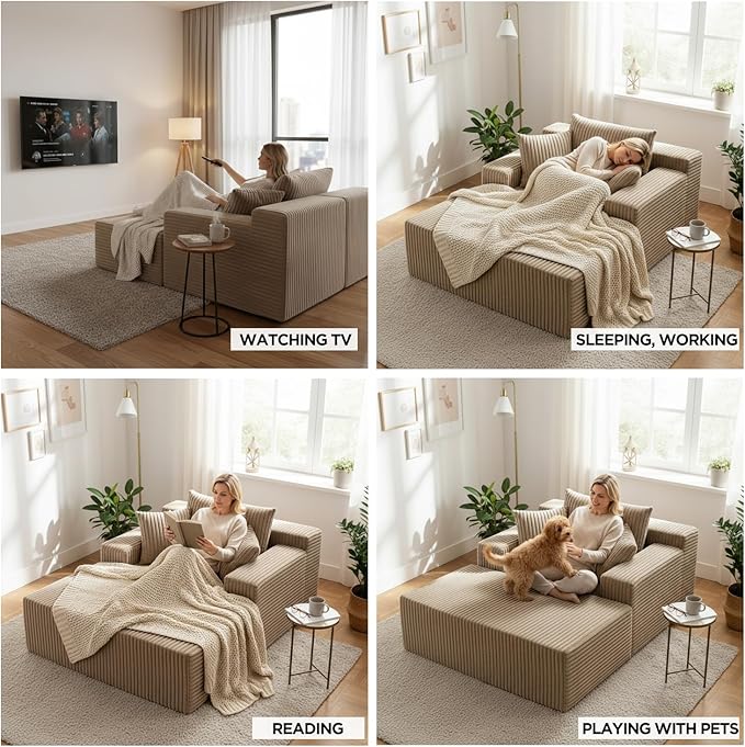 Sytopia Chaise Lounge with Armrests, Oversized Sofa Bed with 3 Pillows, Cozy Boneless Couch, Sleeper Reading Chair for Living Room Bedroom, Floor Sofa Corduroy, Furniture Sala, Cashmere Beige