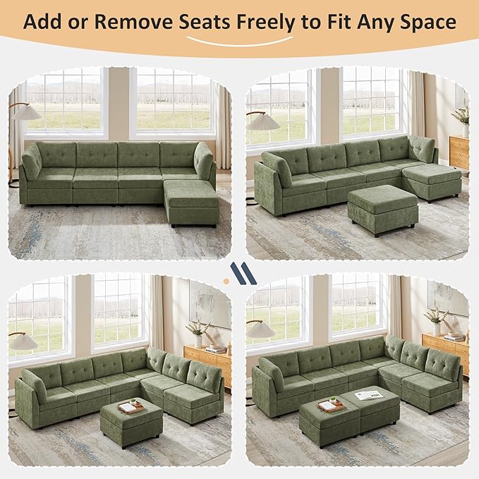 VANOMi 118" Cloud Couches for Living Room with Ottoman, 4 Seater Modular Sectional Sofas & Couches, Cozy Chenille Cloud Sectional Couch Sofa for Apartment, Office, Olive Green, L Shaped