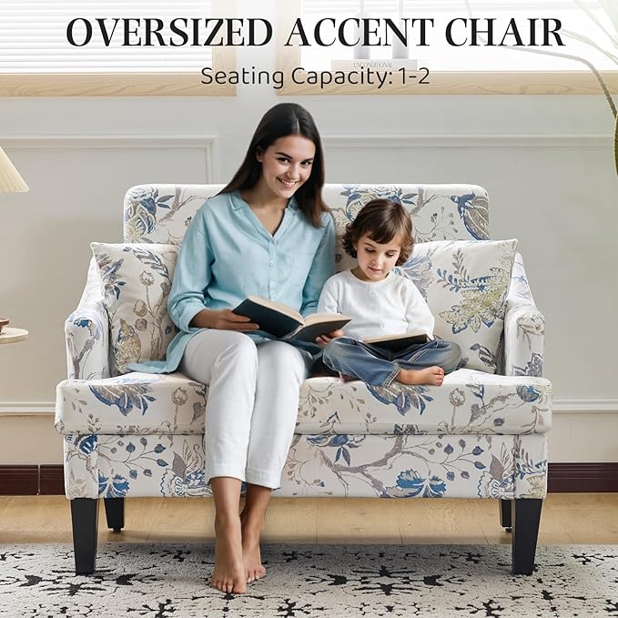 Bezseller Oversized Accent Chair, 33.5'' Wide Seat Comfy Armchair with 2 Pillows, Upholstered Big Reading Chair, Modern Single Sofa Chair for Living Room Bedroom Apartment Office, Blue Floral