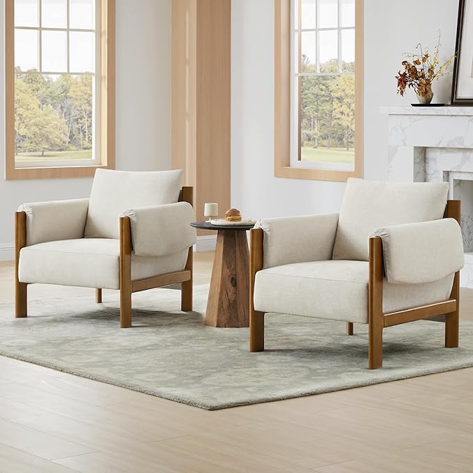 CHITA Accent Chair, Mid Century Modern Fabric Upholstery Armchair for Living Room, Solid Wood Frame, Fabric in Linen
