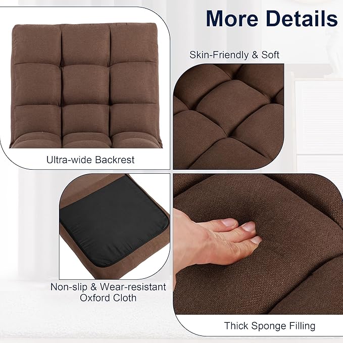Folding Floor Chair with Back Support, Adjust Lay Flat Recliner Oversized Lounge Wide Lazy Boy Gaming Ergonomic Single Sofa Seat for Living Room Bedroom(Brown)