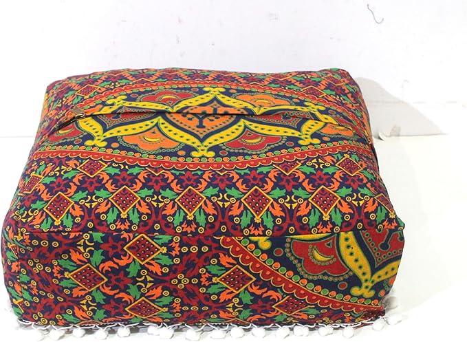 CRAFT KALA Large Hippie Mandala Meditation Floor Ottoman Pillow Cushion Pouf Cover Square Poufs Bohemian Circle Floor Cushion Case Outdoor Fireplace Yoga Living Room Decor Cover New Blue, 16" Square