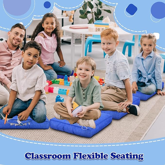 Fumete 8 Pcs Square Floor Pillows for Kids and Adult 16''x16'' Flexible Seating Floor Cushion for Classroom Multicolor Meditation Cushions for Home Daycare Preschool Yoga Meditation (Blue)