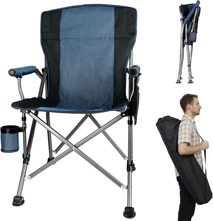 Folding Camping Chair with Cup Holder and Storage Bag, Heavy Duty Support 400 LBS, Oversized Collapsible Portable Camping Chair for Outdoor Camp, Picnic, Travel, Fishing Blue
