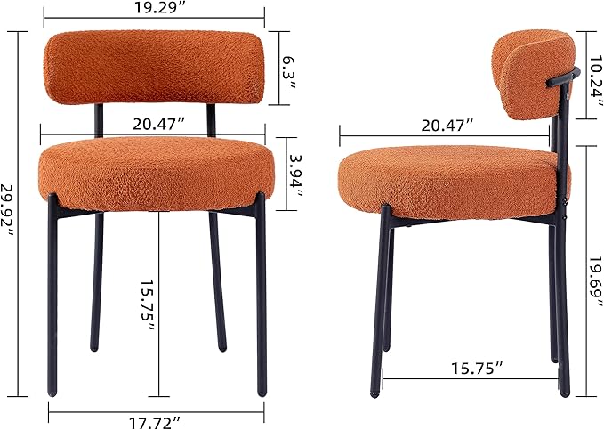 DYHOME Mid-Century Modern Dining Chairs Set of 2, Boucle Dining Chairs Upholstered with Black Metal Legs, Curved Backrest Kitchen Dining Room Chairs, Orange