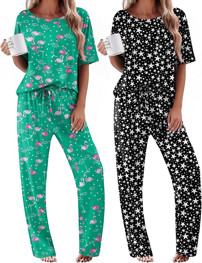 Ekouaer 2 Pack Womens Pajama Sets Short Sleeve Tops and Long Pants Casual Comfy Pjs Lounge Set with Pockets,S-XXL