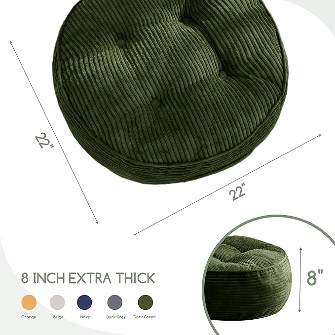 8" Washable Floor Pillow Cushion for Adults, Meditation Cushion Pillow, Large Round Floor Sitting, Removable Tufted Corduroy Cover, for Tatami Living Room or Yoga, 22x22 Inch, Machine Washable