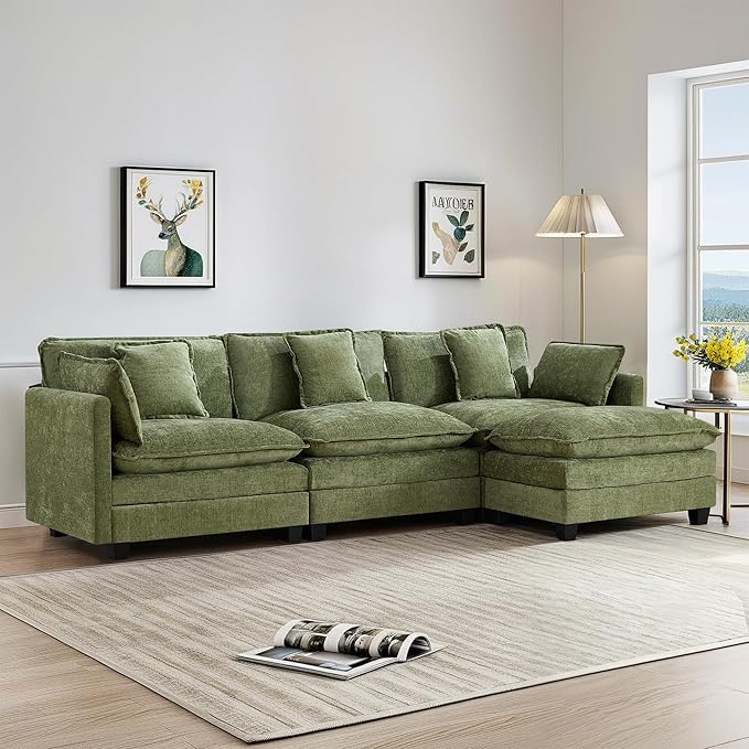 UMBFUN 3-Seater Cloud Couch with Ottoman, Oversized Comfy Modular Sectional L Shaped Sofa with Deep Seats, Chenille Couch for Living Room, Green