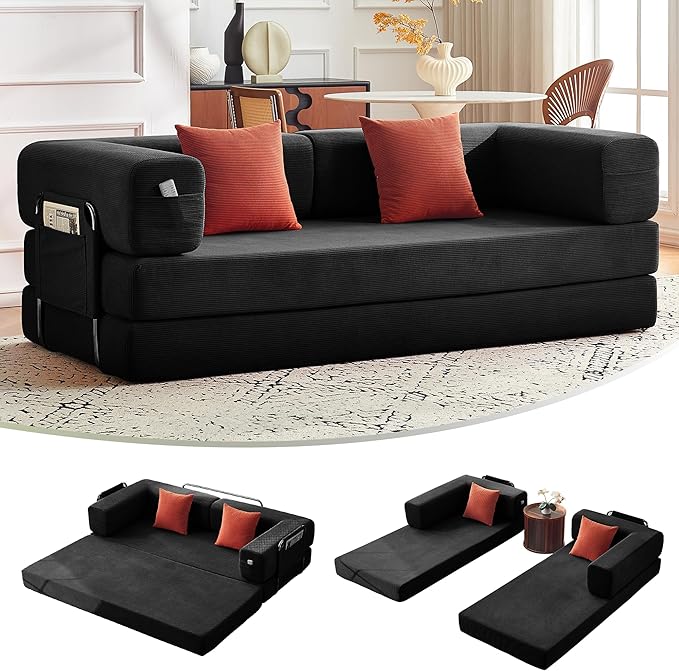 Carzzi-Life 79" Convertible Sofa Bed with Pillows, Corduroy Folding Sleeper Sofa with Fixed-Shape Frame, Boneless Couch for Living Room Bedroom, Floor Sofa Lounge No Assembly Required (Grey)