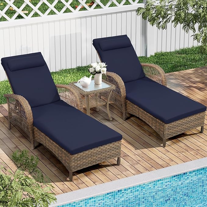 WINGTU 3 Piece Patio Chaise Lounge Set, Outdoor Patio Furniture Modern Lounge Chairs Set of 2 with Side Table & 6-Position Adjustable Backrest, Durable PE Wicker, Weather Resistant Cushions, Navy Blue