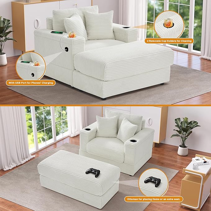 DAMAIFROM Oversized Chaise Lounge Chair Indoor with USB, Cup Holder & Ottoman, Firm Solid Wood Frame with Long Service Life Corduroy Oversized Lounge Reading Chair for Study Room - Beige White
