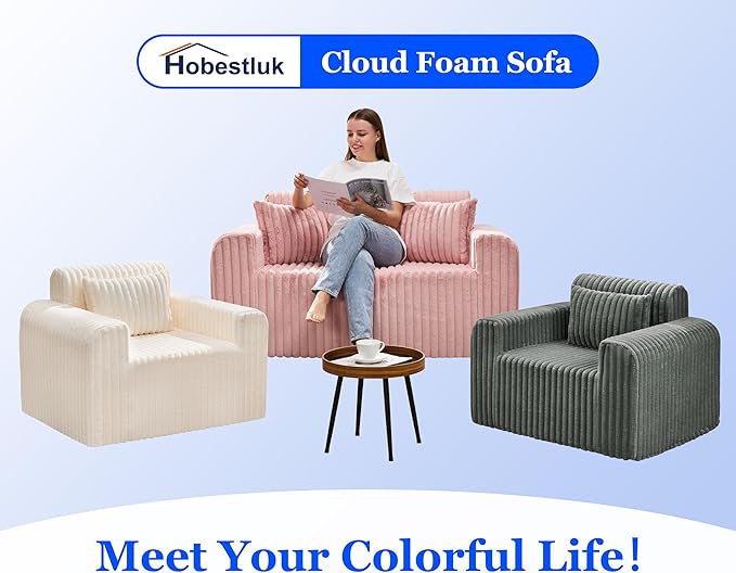 Hobestluk Couch Sofa 2-Seater Foam Sofa Loveseat for Small Spaces Comfy Sofas with Removable Cover Furry Couch with Pillows for Living Room, Bedroom, Apartment, Office (Pink, Loveseat)