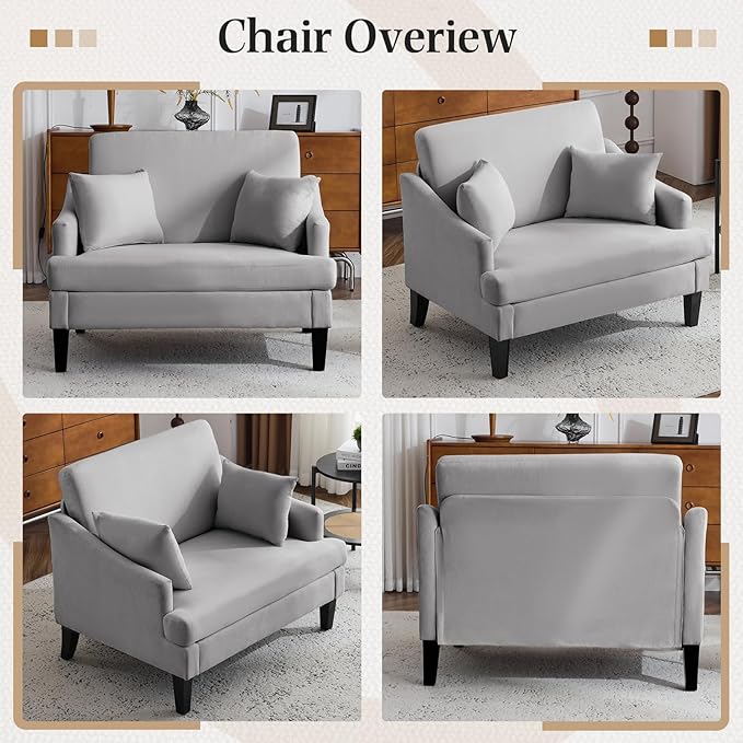 Bezseller Oversized Accent Chair with Ottoman - 33.5'' Wide Seat Comfy Armchair and 2 Pillows, Upholstered Big Reading Chair, Modern Single Sofa Chair for Living Room Bedroom Office, Grey/Grey