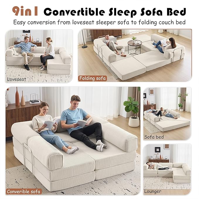 Modular Convertible Sofa Bed 106" L-Shaped with Reversible Chaise, Corduroy Floor Sleeper Boneless Couch, Folding Futon for Living Room, Apartment, Small Spaces, No Assembly Required, Beige