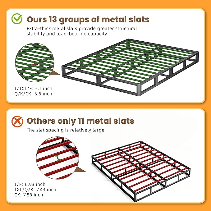 VIPSHOW 7 Inch Twin XL Metal Box Spring with Round Corners - 3000 lbs Capacity, High Profile Heavy Duty Mattress Foundation with Steel Slats, Noise-Free, Easy Assemble, Black