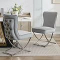 WUTUTUEE Luxury Velvet Dining Chairs, Tufted Upholstered Armless Accent Chairs with Silver Metal X-Legs, Modern Glam Dining Room Chair Set of 2, Light Grey