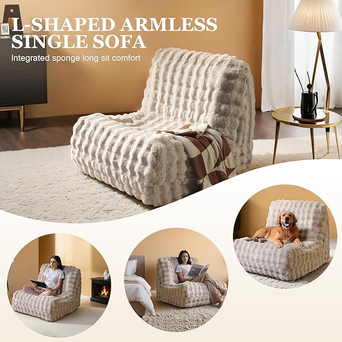 Bean Bag Chair for Adults, Lovely Bean Bag Chair with Plush Faux Fur, Lazy Floor Sofa, Comfy Reading Nook Chairs, Couch Single Sofa for Living Room Bedroom Office (Beige)