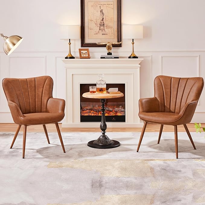 Yaheetech PU Leather Armchair, Modern Accent Chair with Metal Legs, Comfy Upholstered Barrel Chair for Living Room Bedroom Vanity Room, Brown, 2pcs