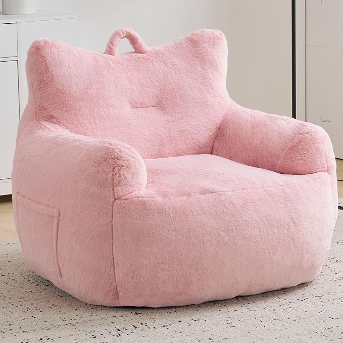 Giant Bean Bag Chair for Adults, Oversized Bean Bag with Filling Plush Fluffy,BeanBag Lazy Sofa Couch with Armrest for Living Room, Cat Shaped Beanbag Couch with Sidepocket for Bedroom,Pink
