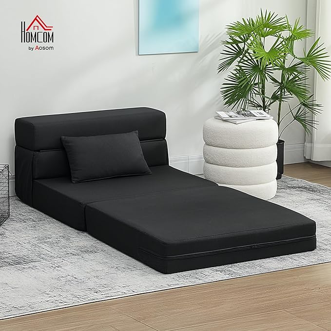 HOMCOM Folding Sofa Bed, Sleeper Chair with Pillow, Modern Linen Convertible Chair Bed, Fold Out Floor Futon Couch for Living Room, Dorm, Guest Use, Home Office, Black
