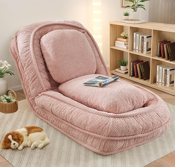 Upholstered Human Dog Bed for Adult & Pets, Convertible Lazy Sofa Bed with 5 Adjustable Position, Comfy Tatami Bean Bag Lounge Chair with 2 Soft Pillows for Bedroom Living Room Office (Pink)
