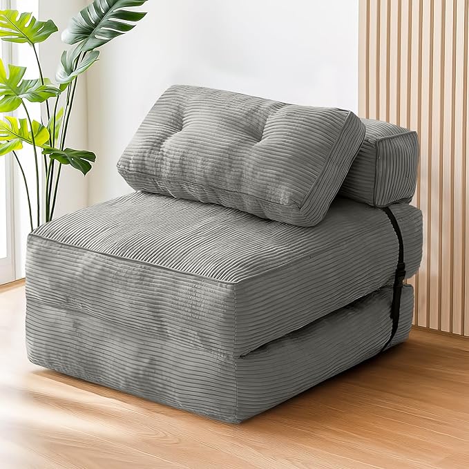 tantohom Folding Sofa Bed, Convertible Sleeper Chair with Pillow Foldable Mattress with Back Support,Space-Saving Sofa for Living Room,Bedroom (Gray)