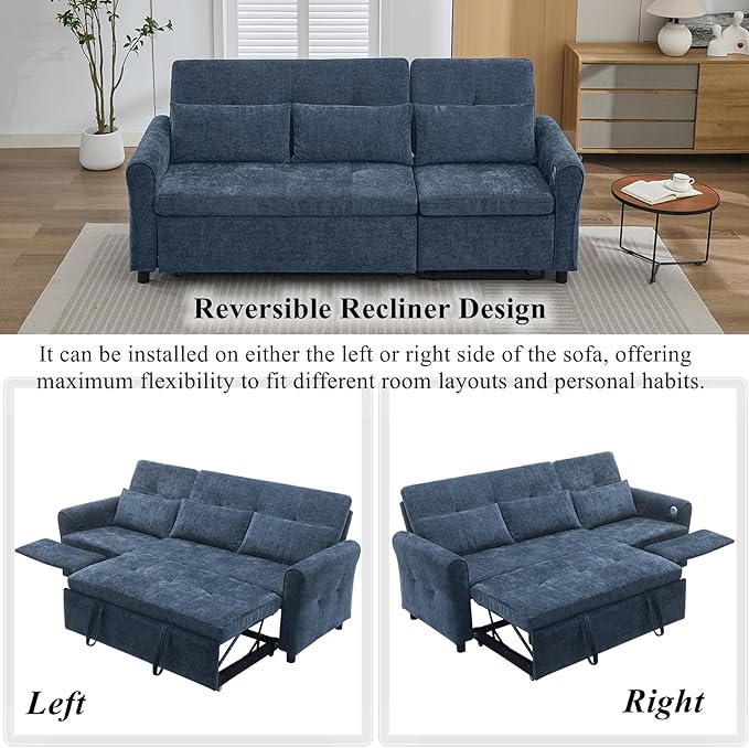 Gagawin 2 in 1 Convertible Sofa Bed with Reversible Recliner, Chenille 3-Seater Couch Sleeper with Pull Out Bed & Adjustable Backrest & Dual USB Charging Ports for Living Room, Blue