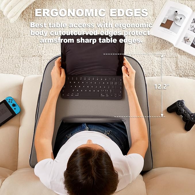 cooloo8 Lap Desk Pillow for Bed, Soft Arm Rest Pillow, Reading Lap Pillow, Memory Foam Reading Pillow, Laptop Lap Desk for arms for Reading, Working in Bed Couch(Grey)