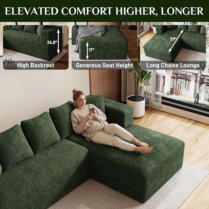 Modular Sectional Sofa, 107" L Shaped Cloud Couch Plush Corduroy Deep Seat Boneless Sofas with 5 Pillows Long Chaise Lounge Couches Memory Foam for Living Room - Green, Right Facing Chaise