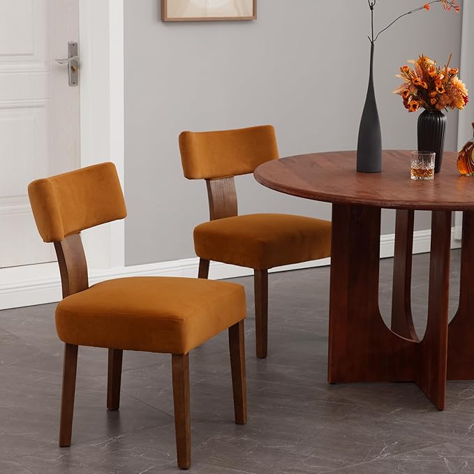 RIVOVA Upholstered Dining Chairs Set of 2, Modern Wooden Kitchen Chairs Fabric Side Dining Room Chair Farmhouse Dinner Chair for Kitchen Dining Room, Yellow Brown